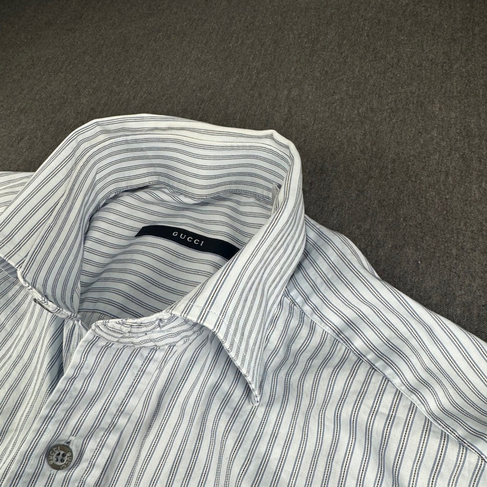 Gucci Mens Striped Long Sleeve Button Down Shirt Blue White French Cuff Italy
